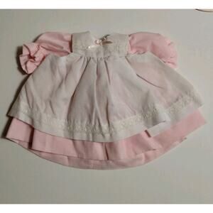 Vintage Doll Dress Pink - Lace Accents- Puffy Sleeves 7" Long